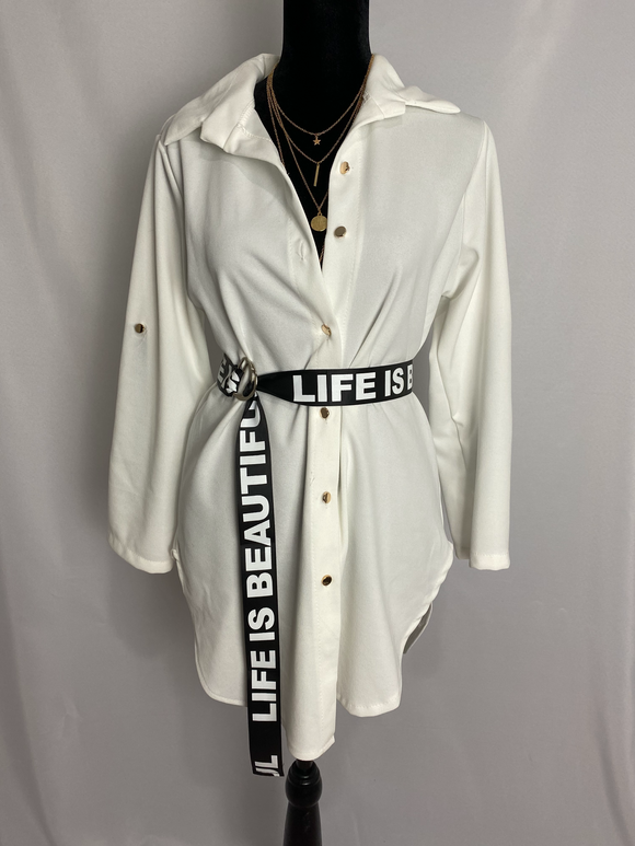 White 'Life is Beautiful' Belted Shirt