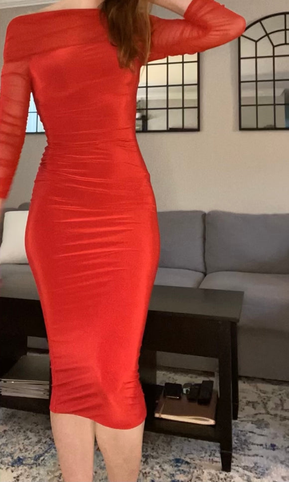 Red Ruched Mesh Bardot Dress