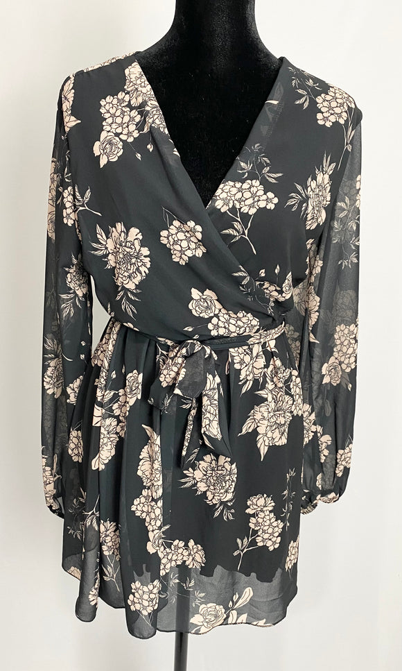 Black Taupe Floral Printed Wrap Dress