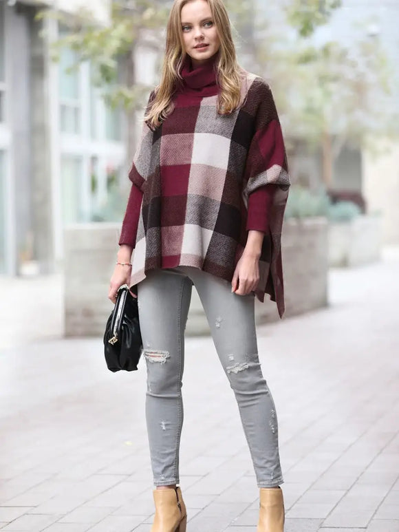 Burgundy Plaid Turtleneck Sweater