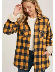 Mustard Buffalo Plaid Sherpa-Lined Shacket