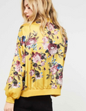 Mustard Yellow Floral Satin Bomber Jacket