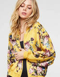 Mustard Yellow Floral Satin Bomber Jacket