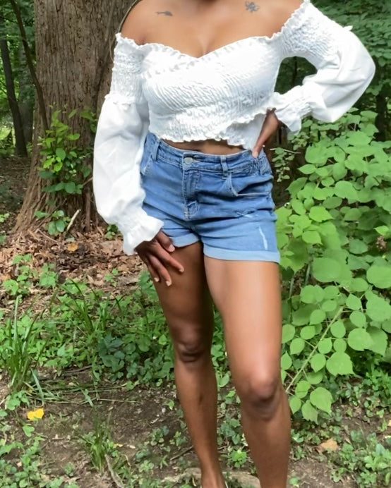 High-waisted Blue Denim Ripped Shorts