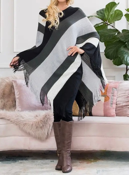 Color Block Fringe Poncho