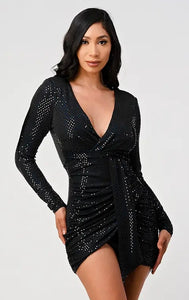 Black Sequin Draped Dress