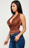 Brown Halter Deep Cowl Back Tie Top