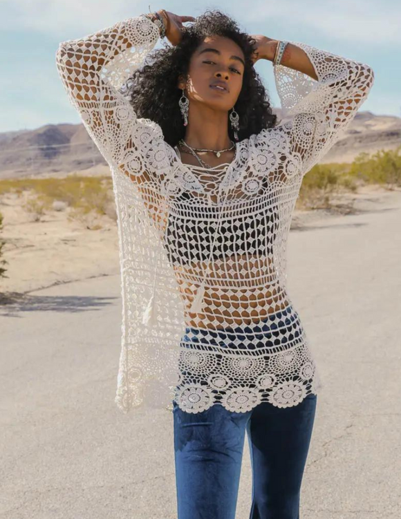 White Lace-Up Crochet Tunic