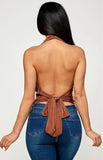 Brown Halter Deep Cowl Back Tie Top